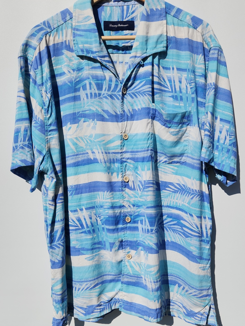 Tommy Bahama Silk Blue and White Striped Palm-Print Short Sleeve Shirt